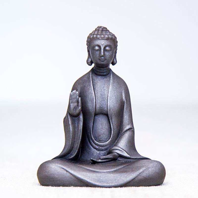 Buddha Stones Estatua de Buda Sakyamuni de resina fundida con óxido de polvo de hierro hecha a mano para decoración - Monje con las manos levantadas - Versión pulida 11*8,5*4,8 cm - image 10