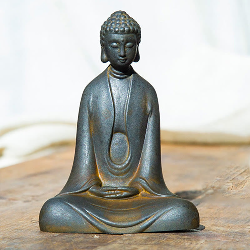 Buddha Stones Estatua de Buda Sakyamuni de resina fundida con óxido de polvo de hierro hecha a mano para decoración - Buda de la meditación - Versión Rust 12*9cm - image 17
