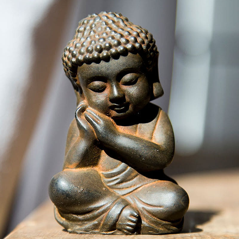 Buddha Stones Estatua decorativa hecha a mano de resina con polvo de hierro oxidado de Buda Sakyamuni pequeño - Versión Rust - Buda descansando su barbilla 9*5,5 cm - image 11