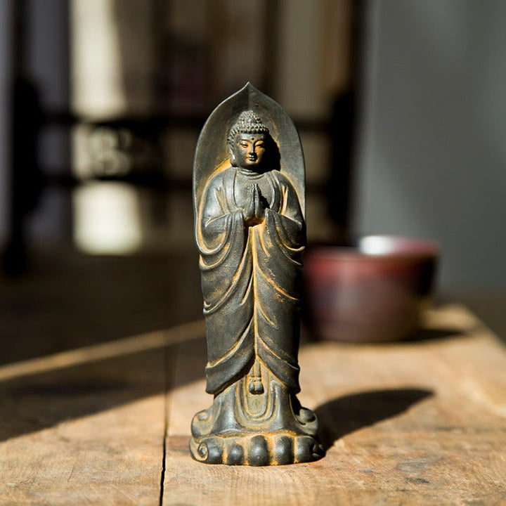 Buddha Stones Estatua de Decoración de Resina Fundida Oxidada con Polvo de Hierro de Buda Sakyamuni Hecha a Mano - Buda de óxido 14,5 x 5 x 3,4 cm - image 0