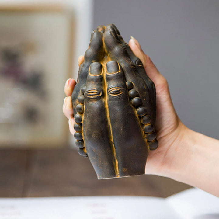 Buddha Stones Estatua Decorativa de Resina de Mano de Buda Hecha a Mano Namaste con Óxido de Polvo de Hierro