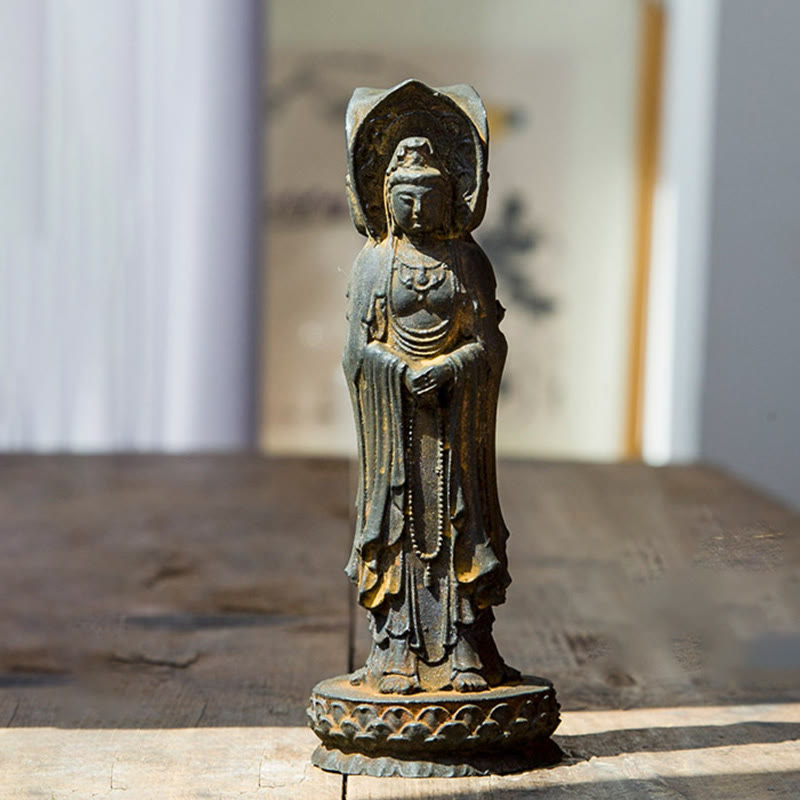 Buddha Stones Estatua de Resina Fundida con Polvo de Hierro Oxidado de la Kwan Yin Avalokitesvara Trifacética Decoración de Escritorio de Riqueza - image 1