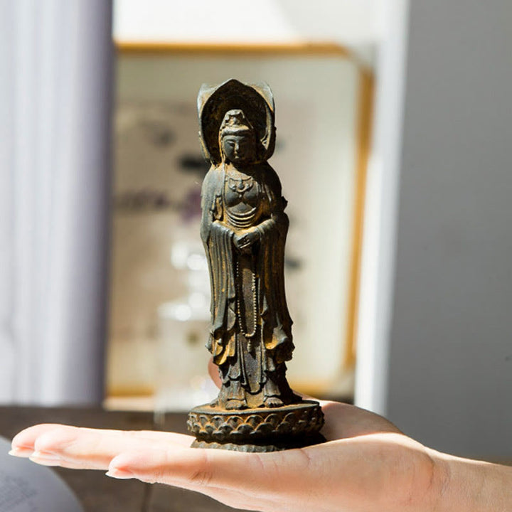 Buddha Stones Estatua de Resina Fundida con Polvo de Hierro Oxidado de la Kwan Yin Avalokitesvara Trifacética Decoración de Escritorio de Riqueza