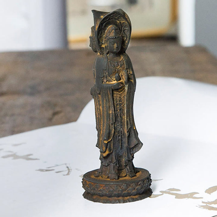 Buddha Stones Estatua de Resina Fundida con Polvo de Hierro Oxidado de la Kwan Yin Avalokitesvara Trifacética Decoración de Escritorio de Riqueza