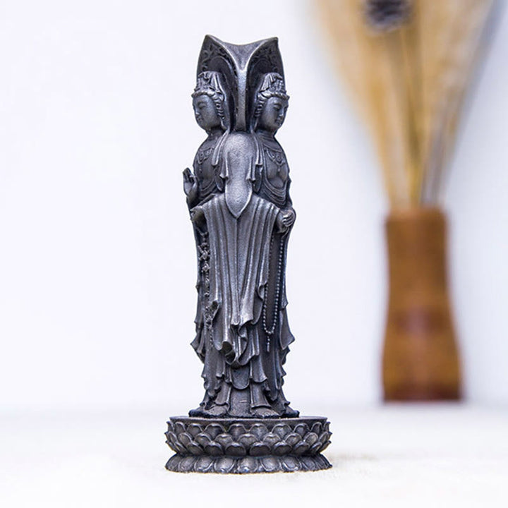 Buddha Stones Estatua de Resina Fundida con Polvo de Hierro Oxidado de la Kwan Yin Avalokitesvara Trifacética Decoración de Escritorio de Riqueza