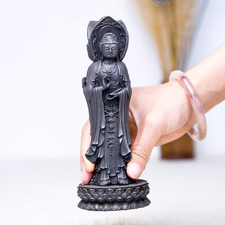 Buddha Stones Estatua de Resina Fundida con Polvo de Hierro Oxidado de la Kwan Yin Avalokitesvara Trifacética Decoración de Escritorio de Riqueza