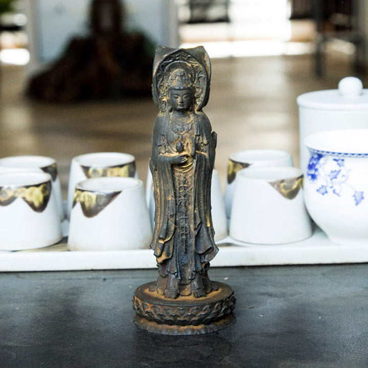 Buddha Stones Estatua de Resina Fundida con Polvo de Hierro Oxidado de la Kwan Yin Avalokitesvara Trifacética Decoración de Escritorio de Riqueza
