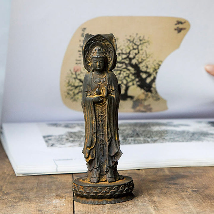 Buddha Stones Estatua de Resina Fundida con Polvo de Hierro Oxidado de la Kwan Yin Avalokitesvara Trifacética Decoración de Escritorio de Riqueza