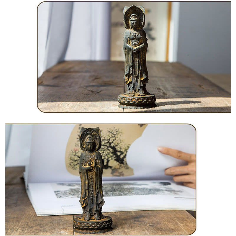 Buddha Stones Estatua de Resina Fundida con Polvo de Hierro Oxidado de la Kwan Yin Avalokitesvara Trifacética Decoración de Escritorio de Riqueza