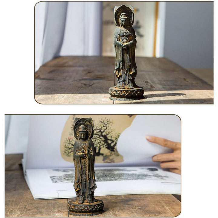 Buddha Stones Estatua de Resina Fundida con Polvo de Hierro Oxidado de la Kwan Yin Avalokitesvara Trifacética Decoración de Escritorio de Riqueza