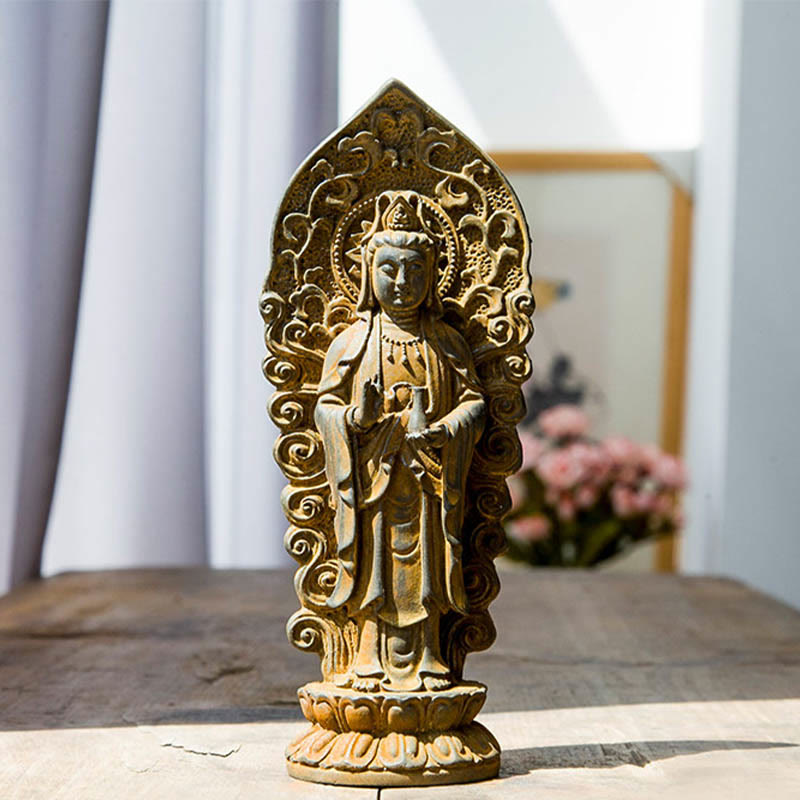 Buddha Stones Estatua de Resina Hecha a Mano de Amitabha Guanyin Avalokitesvara Mahasthamaprapta de Polvo de Hierro y Óxido para Decoración - Jarrón de Buda - Versión oxidada 18*7 cm - image 14