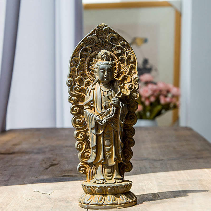 Buddha Stones Estatua de Resina Hecha a Mano de Amitabha Guanyin Avalokitesvara Mahasthamaprapta de Polvo de Hierro y Óxido para Decoración - Mango de Buda Ruyi - Versión oxidada 18*7 cm - image 0