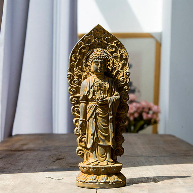 Buddha Stones Estatua de Resina Hecha a Mano de Amitabha Guanyin Avalokitesvara Mahasthamaprapta de Polvo de Hierro y Óxido para Decoración - Buda Loto - Versión oxidada 18*7 cm - image 8