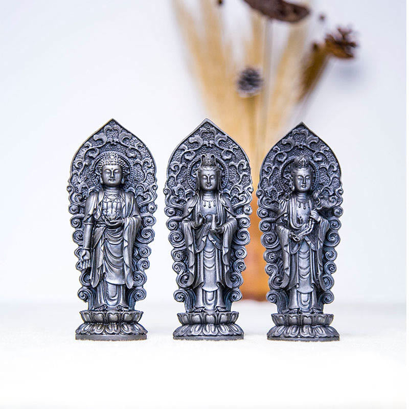 Buddha Stones Estatua de Resina Hecha a Mano de Amitabha Guanyin Avalokitesvara Mahasthamaprapta de Polvo de Hierro y Óxido para Decoración