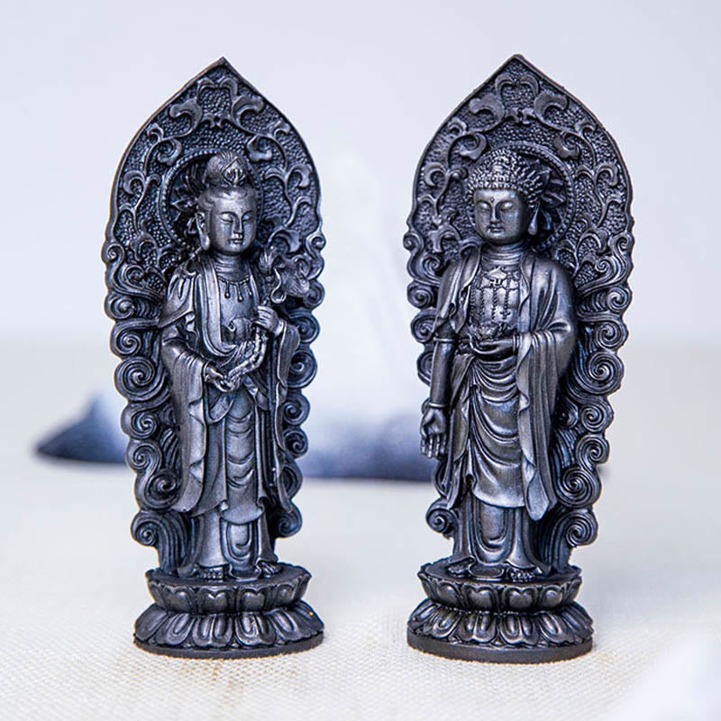 Buddha Stones Estatua de Resina Hecha a Mano de Amitabha Guanyin Avalokitesvara Mahasthamaprapta de Polvo de Hierro y Óxido para Decoración
