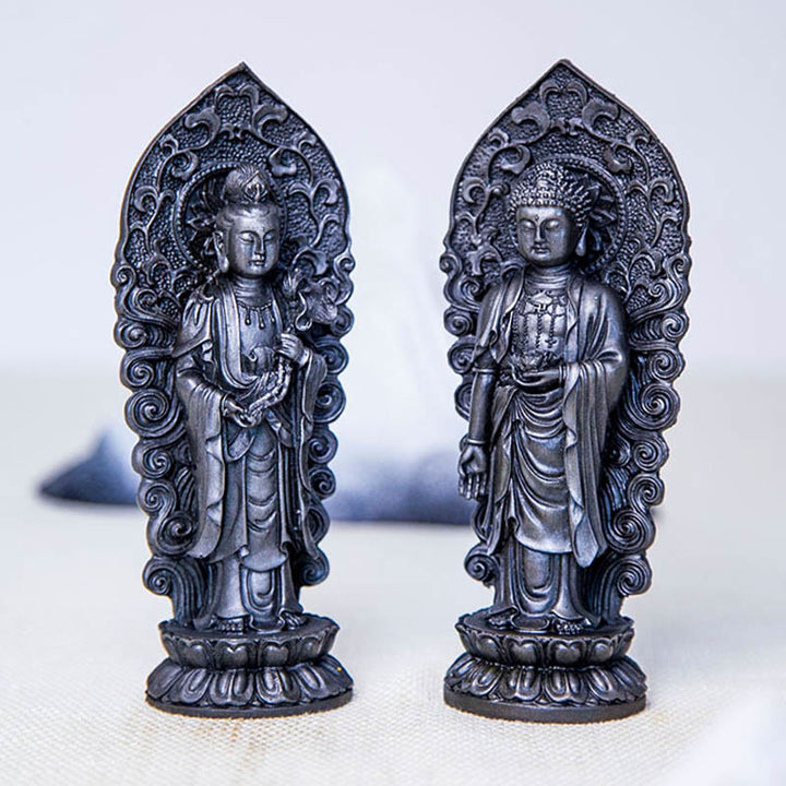 Buddha Stones Estatua de Resina Hecha a Mano de Amitabha Guanyin Avalokitesvara Mahasthamaprapta de Polvo de Hierro y Óxido para Decoración