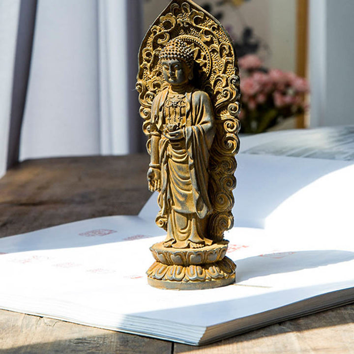 Buddha Stones Estatua de Resina Hecha a Mano de Amitabha Guanyin Avalokitesvara Mahasthamaprapta de Polvo de Hierro y Óxido para Decoración