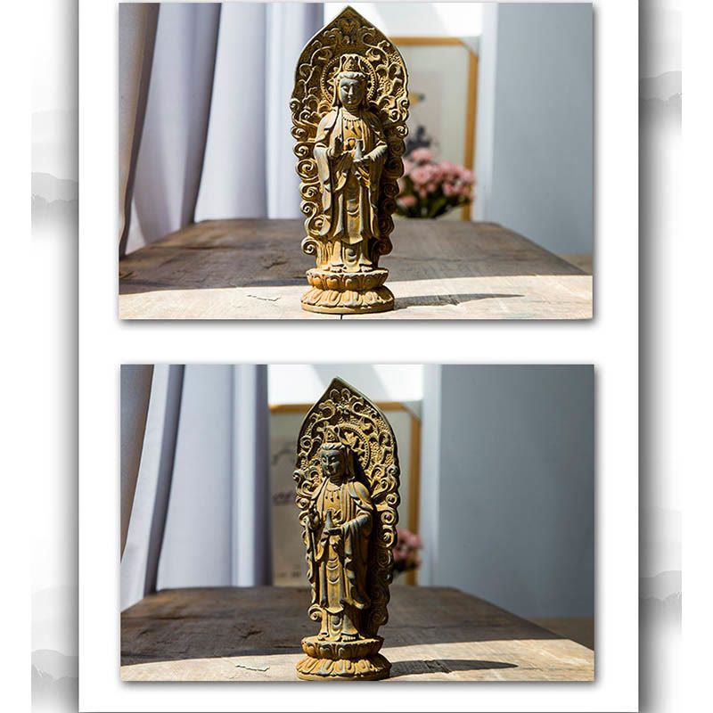 Buddha Stones Estatua de Resina Hecha a Mano de Amitabha Guanyin Avalokitesvara Mahasthamaprapta de Polvo de Hierro y Óxido para Decoración