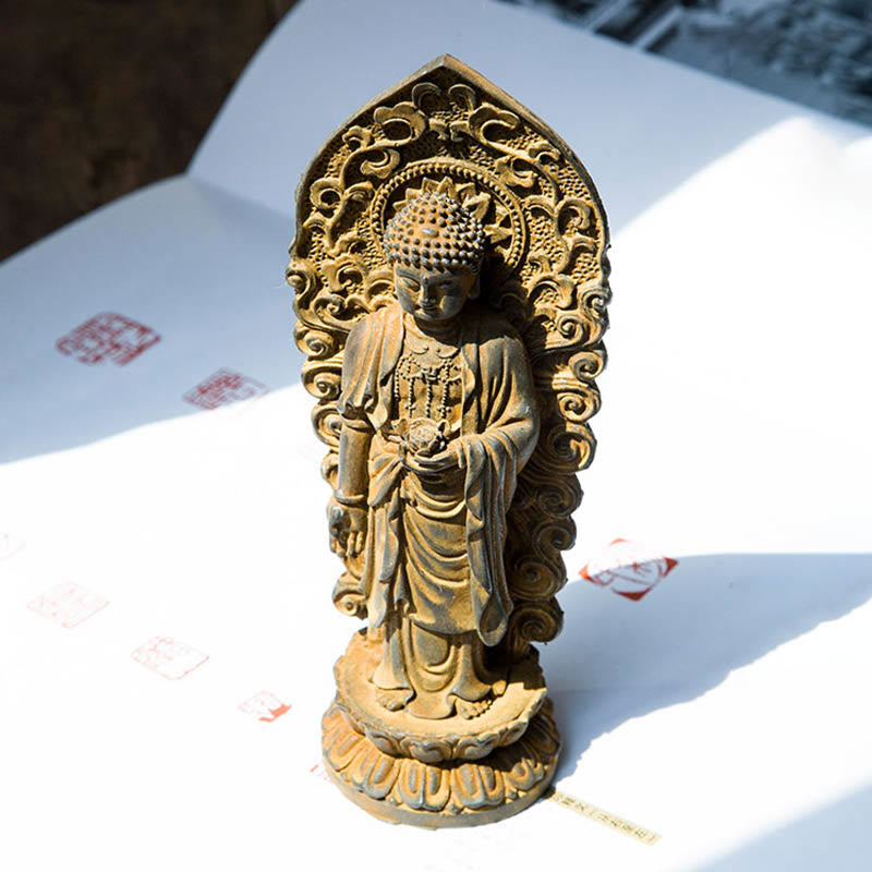 Buddha Stones Estatua de Resina Hecha a Mano de Amitabha Guanyin Avalokitesvara Mahasthamaprapta de Polvo de Hierro y Óxido para Decoración