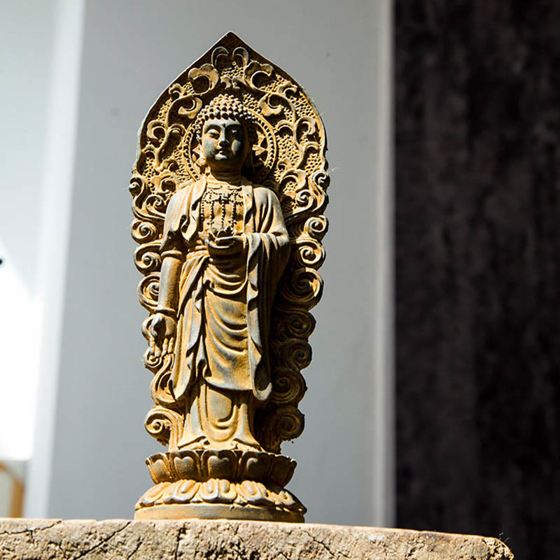 Buddha Stones Estatua de Resina Hecha a Mano de Amitabha Guanyin Avalokitesvara Mahasthamaprapta de Polvo de Hierro y Óxido para Decoración