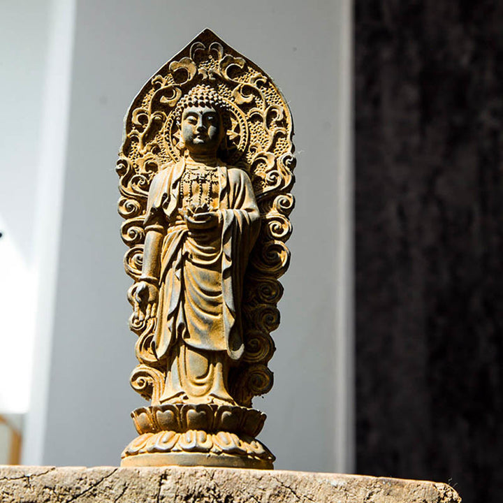 Buddha Stones Estatua de Resina Hecha a Mano de Amitabha Guanyin Avalokitesvara Mahasthamaprapta de Polvo de Hierro y Óxido para Decoración
