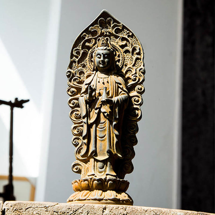 Buddha Stones Estatua de Resina Hecha a Mano de Amitabha Guanyin Avalokitesvara Mahasthamaprapta de Polvo de Hierro y Óxido para Decoración