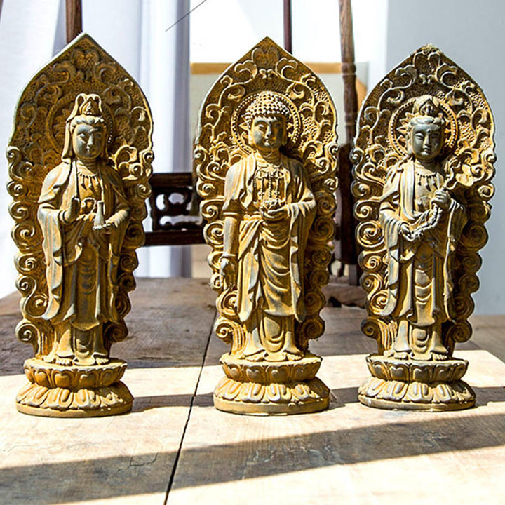 Buddha Stones Estatua de Resina Hecha a Mano de Amitabha Guanyin Avalokitesvara Mahasthamaprapta de Polvo de Hierro y Óxido para Decoración
