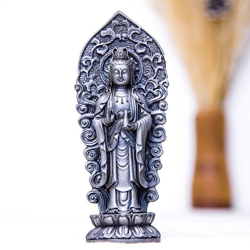Buddha Stones Estatua de Resina Hecha a Mano de Amitabha Guanyin Avalokitesvara Mahasthamaprapta de Polvo de Hierro y Óxido para Decoración