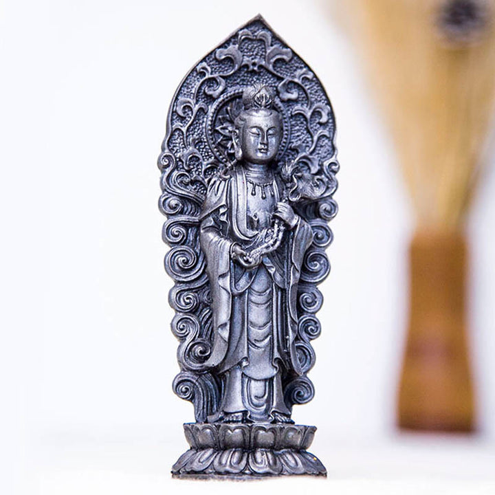 Buddha Stones Estatua de Resina Hecha a Mano de Amitabha Guanyin Avalokitesvara Mahasthamaprapta de Polvo de Hierro y Óxido para Decoración