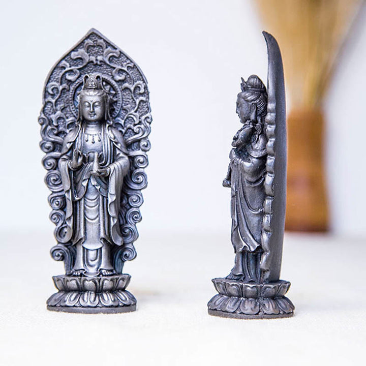 Buddha Stones Estatua de Resina Hecha a Mano de Amitabha Guanyin Avalokitesvara Mahasthamaprapta de Polvo de Hierro y Óxido para Decoración
