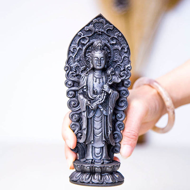 Buddha Stones Estatua de Resina Hecha a Mano de Amitabha Guanyin Avalokitesvara Mahasthamaprapta de Polvo de Hierro y Óxido para Decoración