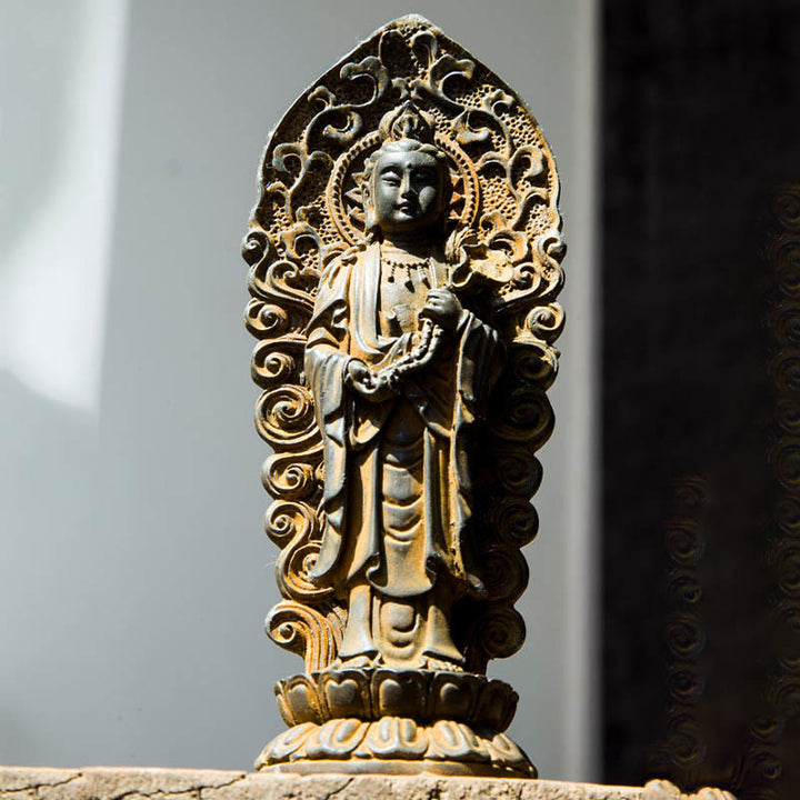Buddha Stones Estatua de Resina Hecha a Mano de Amitabha Guanyin Avalokitesvara Mahasthamaprapta de Polvo de Hierro y Óxido para Decoración