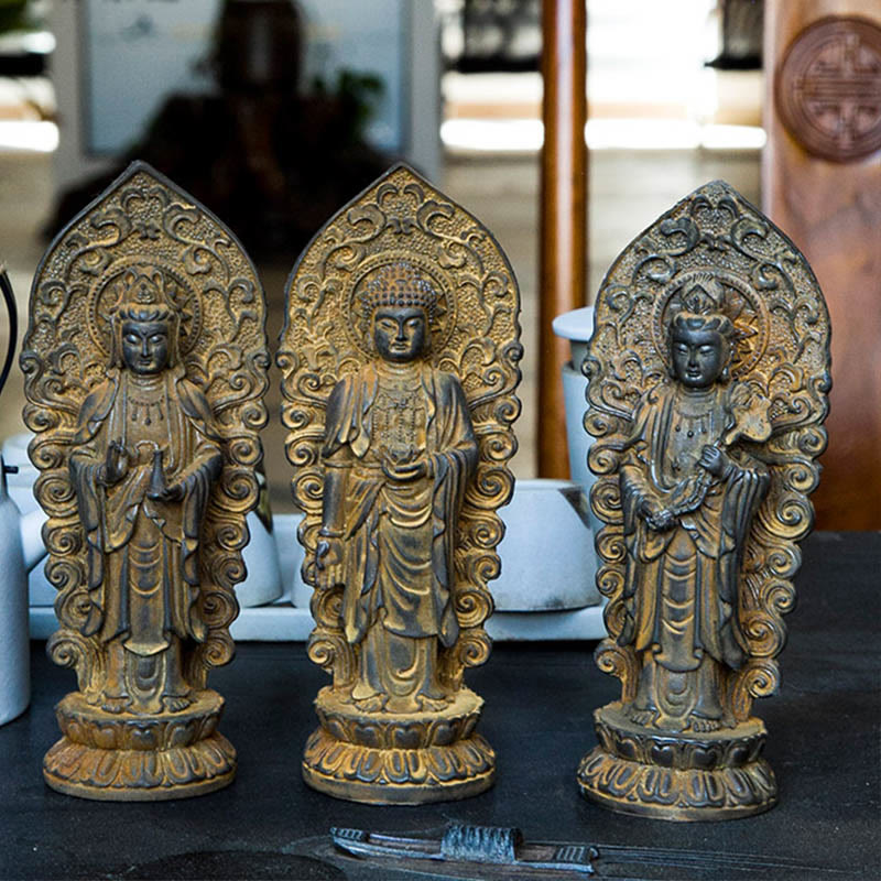 Buddha Stones Estatua de Resina Hecha a Mano de Amitabha Guanyin Avalokitesvara Mahasthamaprapta de Polvo de Hierro y Óxido para Decoración