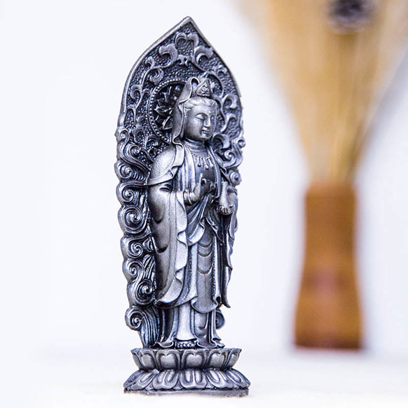Buddha Stones Estatua de Resina Hecha a Mano de Amitabha Guanyin Avalokitesvara Mahasthamaprapta de Polvo de Hierro y Óxido para Decoración