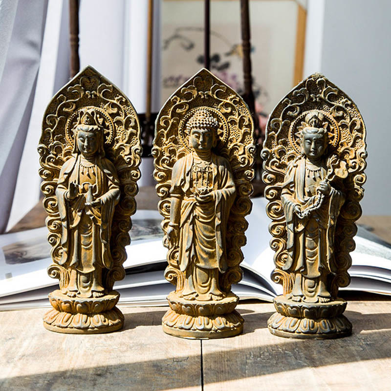 Buddha Stones Estatua de Resina Hecha a Mano de Amitabha Guanyin Avalokitesvara Mahasthamaprapta de Polvo de Hierro y Óxido para Decoración