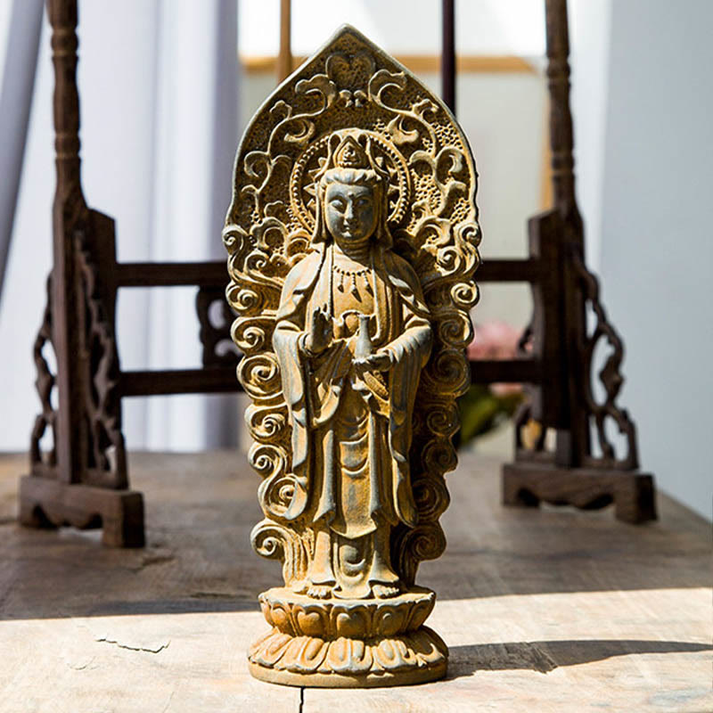 Buddha Stones Estatua de Resina Hecha a Mano de Amitabha Guanyin Avalokitesvara Mahasthamaprapta de Polvo de Hierro y Óxido para Decoración