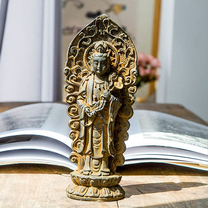 Buddha Stones Estatua de Resina Hecha a Mano de Amitabha Guanyin Avalokitesvara Mahasthamaprapta de Polvo de Hierro y Óxido para Decoración
