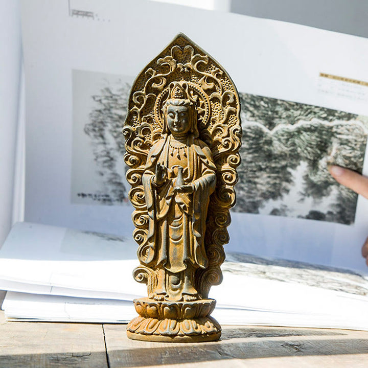 Buddha Stones Estatua de Resina Hecha a Mano de Amitabha Guanyin Avalokitesvara Mahasthamaprapta de Polvo de Hierro y Óxido para Decoración