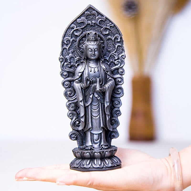 Buddha Stones Estatua de Resina Hecha a Mano de Amitabha Guanyin Avalokitesvara Mahasthamaprapta de Polvo de Hierro y Óxido para Decoración