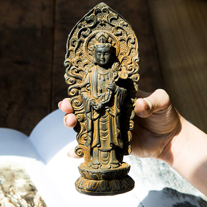 Buddha Stones Estatua de Resina Hecha a Mano de Amitabha Guanyin Avalokitesvara Mahasthamaprapta de Polvo de Hierro y Óxido para Decoración