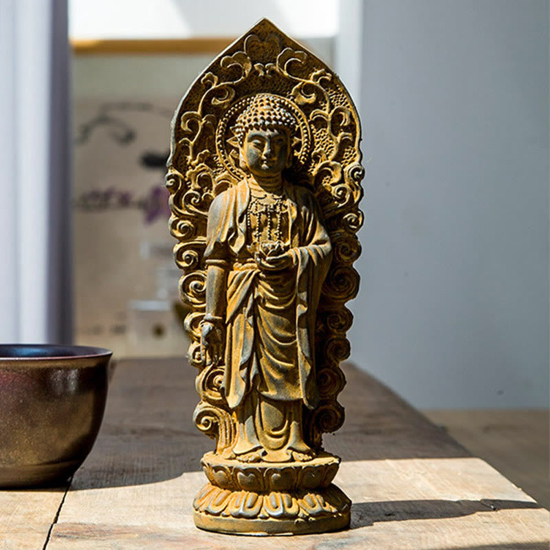 Buddha Stones Estatua de Resina Hecha a Mano de Amitabha Guanyin Avalokitesvara Mahasthamaprapta de Polvo de Hierro y Óxido para Decoración