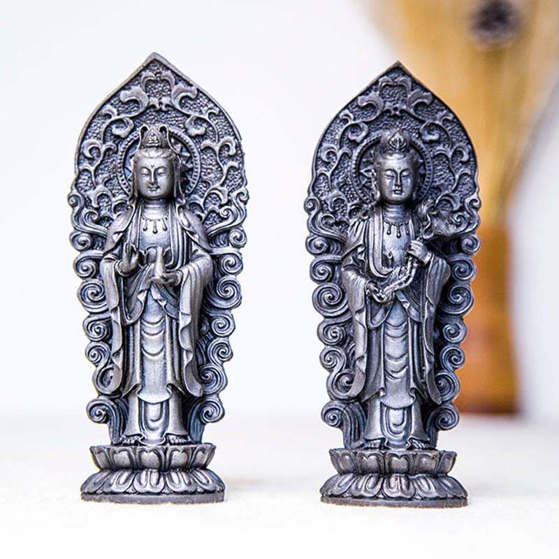 Buddha Stones Estatua de Resina Hecha a Mano de Amitabha Guanyin Avalokitesvara Mahasthamaprapta de Polvo de Hierro y Óxido para Decoración