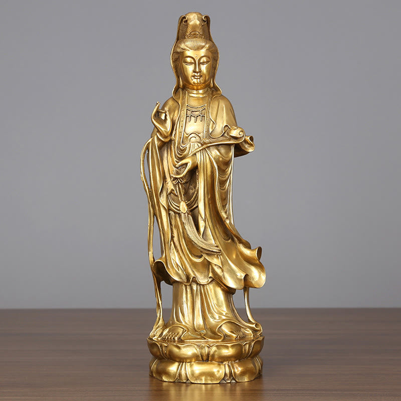 Buddha Stones Estatua De Latón Y Cobre De Kwan Yin Avalokitesvara De Pie Dorada De Riqueza Decoración De Escritorio En Casa - Avalokiteshvara 14*44,5 cm - image 0