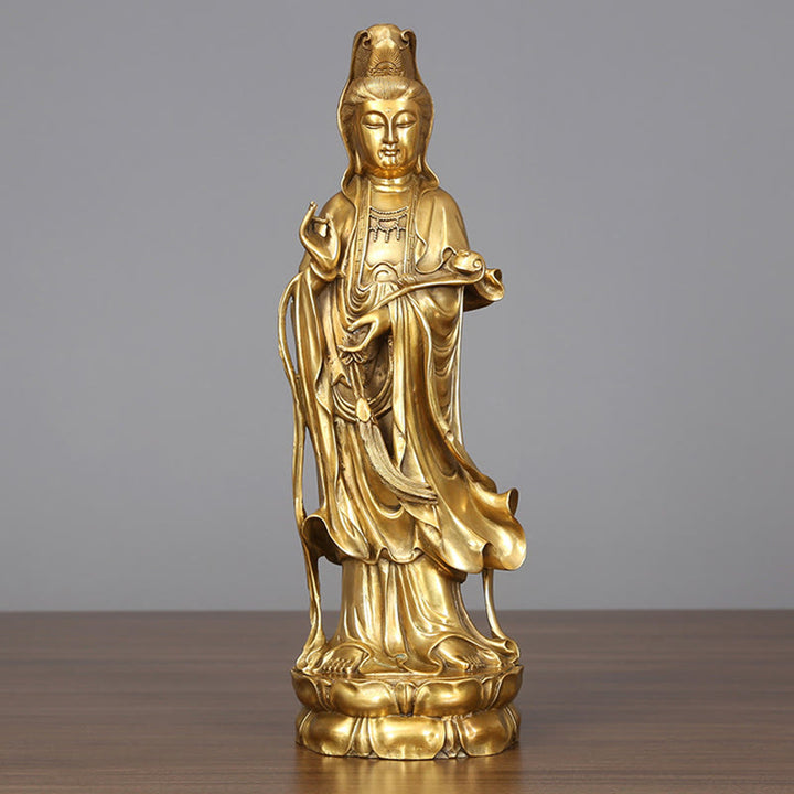 Buddha Stones Estatua De Latón Y Cobre De Kwan Yin Avalokitesvara De Pie Dorada De Riqueza Decoración De Escritorio En Casa - Avalokiteshvara 14*44,5 cm - image 0