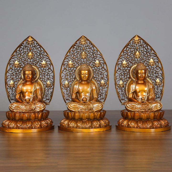 Buddha Stones Sakyamuni Amitabha Medicine Buddha Figurine Serenidad Estatua de Cobre Decoración de Ofrenda para el Hogar