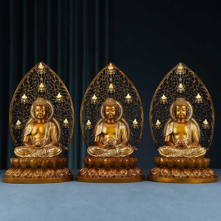 Buddha Stones Sakyamuni Amitabha Medicine Buddha Figurine Serenidad Estatua de Cobre Decoración de Ofrenda para el Hogar
