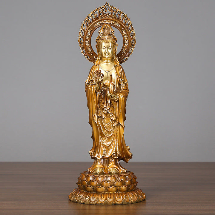 Buddha Stones Kwan Yin Avalokitesvara Lotus Aura Éxito Estatua de Latón y Cobre Decoración del Hogar - Avalokiteshvara 19*45 cm - image 0