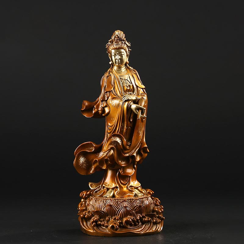 Estatua de cobre de Kwan Yin Avalokitesvara sosteniendo un jarrón Buda Stones Armonía de latón Decoración para el hogar - Avalokitesvara pequeño 11*9*25 cm - image 1
