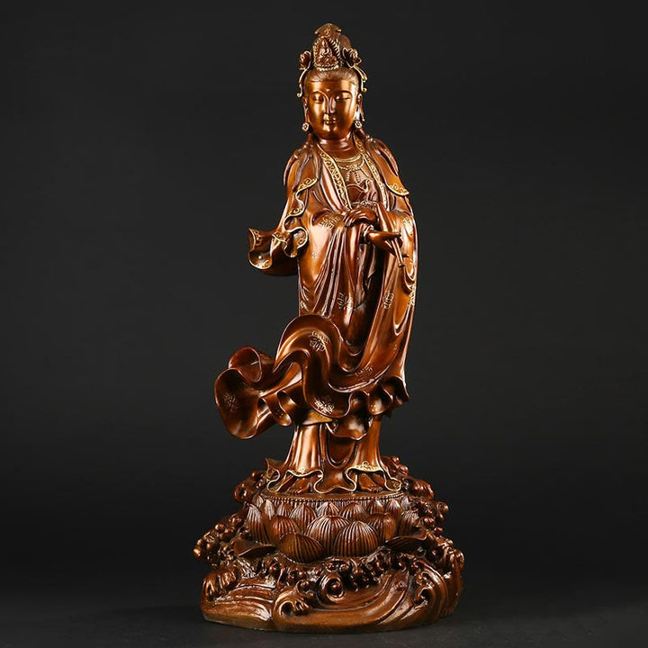 Estatua de cobre de Kwan Yin Avalokitesvara sosteniendo un jarrón Buda Stones Armonía de latón Decoración para el hogar