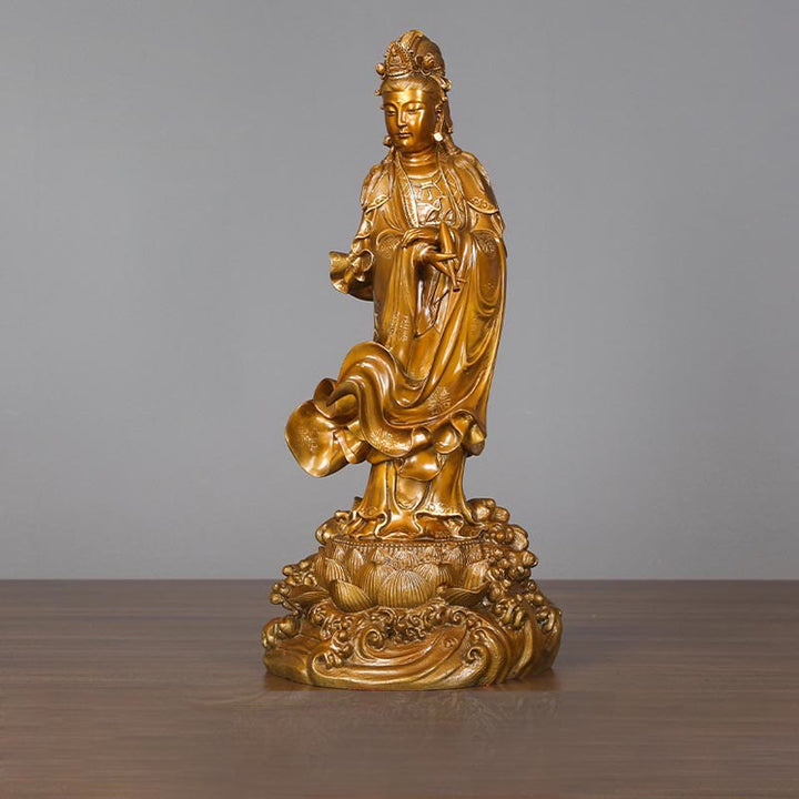Estatua de cobre de Kwan Yin Avalokitesvara sosteniendo un jarrón Buda Stones Armonía de latón Decoración para el hogar